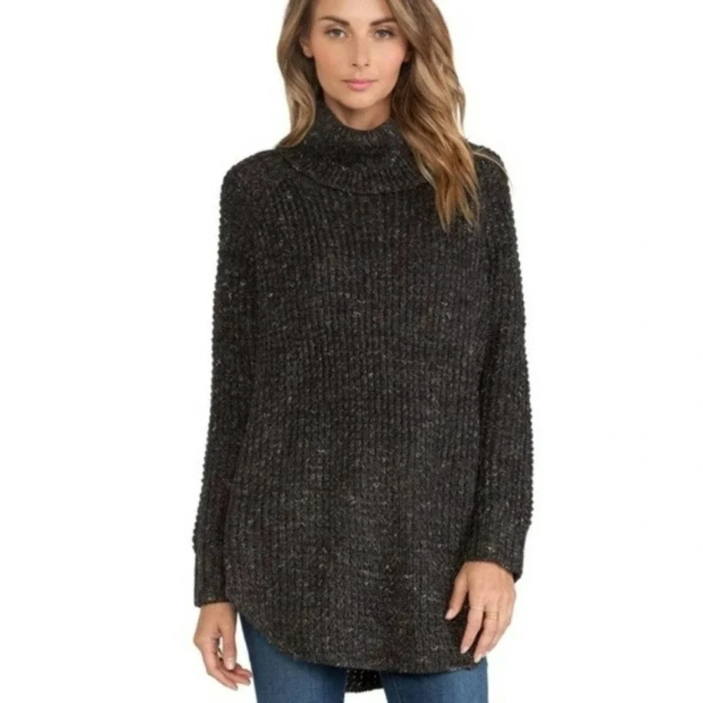 Free People Black Dylan Tweedy Cowl Neck Chunky Knit Sweater Size Small